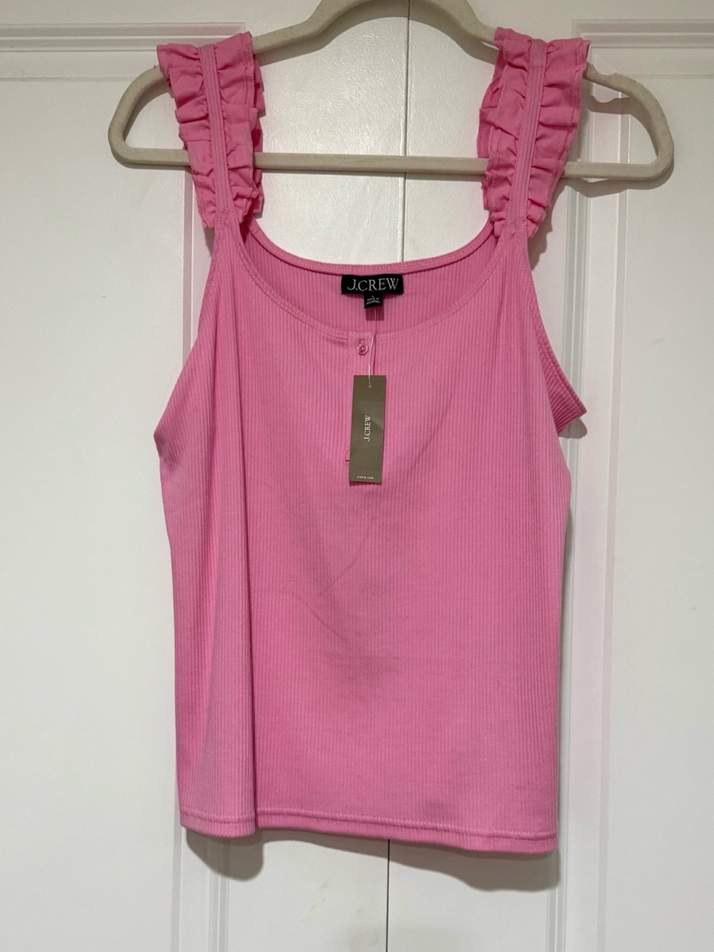 NWT J. Crew Bright Pink Ribbed Tank with Ruffle Straps